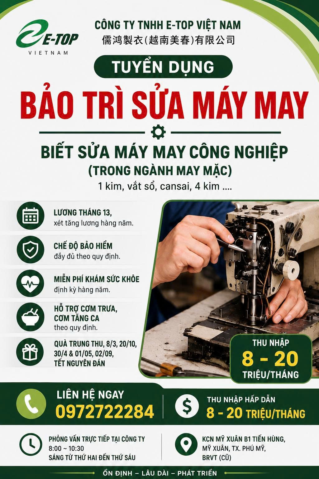 Tuyển dụng Nhân viên Bảo trì Sửa máy may - Công ty TNHH E-Top Việt Nam